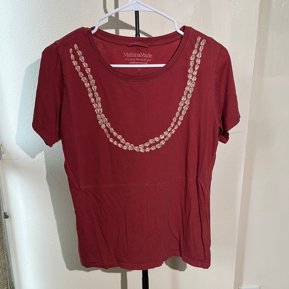 Mahina Burgundy Short Sleeve Top with Embellishments